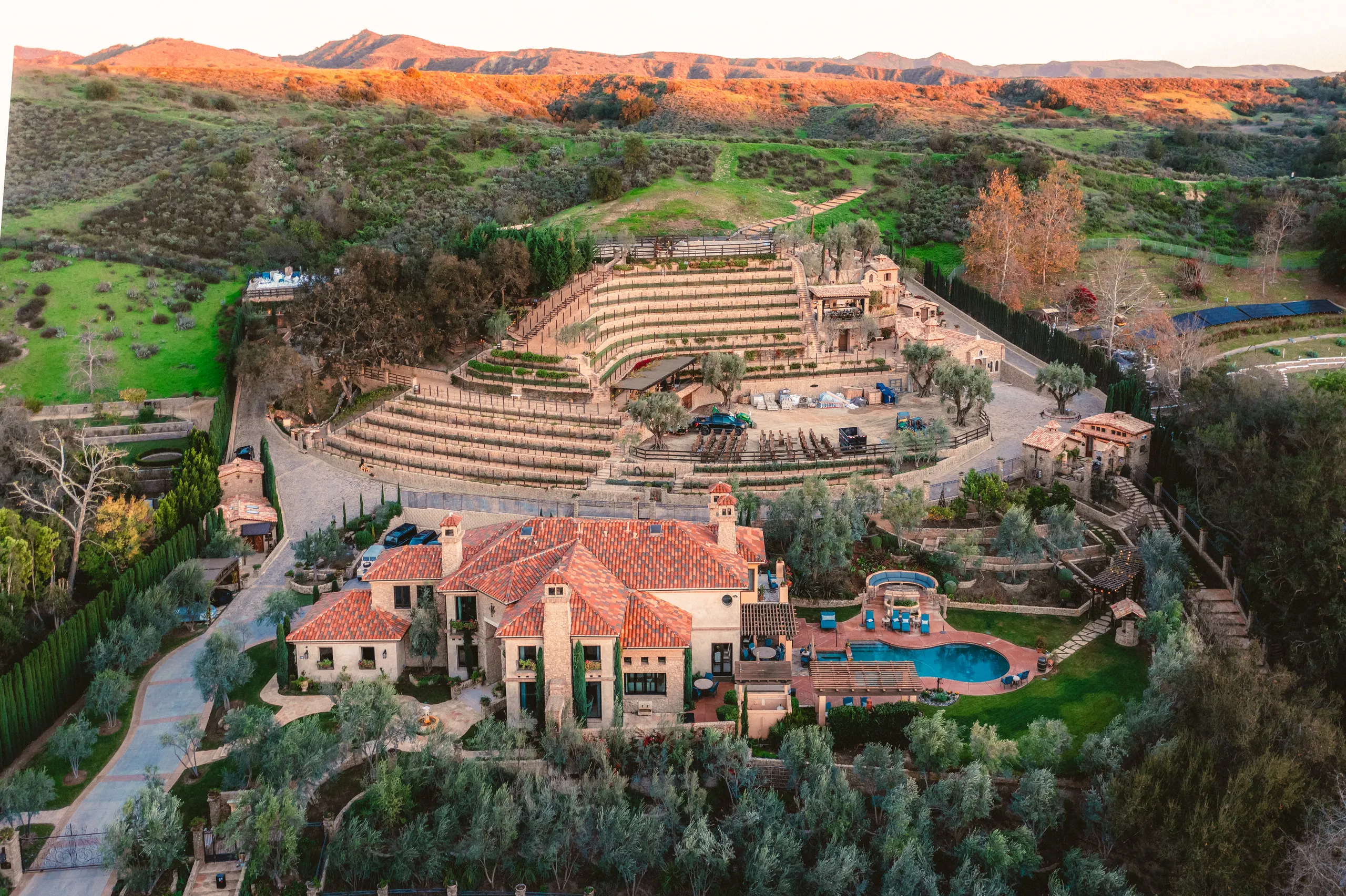 Aerial view of The Hidden Encounter at golden hour, Coto De Caza, California